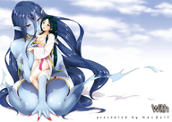 drawing nipples giantess nude blushing color large_breasts long_hair blue_hair green_hair mini_giantess blue_skin jewelry long_fingernails paimon magi pointed_ears macdoll hakuei_ren frost_giantess