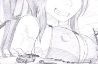 breasts drawing nipples giantess monochrome large_breasts long_hair swimsuit bridge destruction cleavage breast_crush grinning smiling fangs vehicles outdoors sideboob vehicle_crush hank88 smirking better_size_at_source