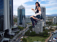 giantess collage city high_heels buildings smiling dress sitting streets vehicles looking_at_viewer