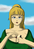 breasts drawing giantess blonde color blue_eyes handheld cleavage glasses ponytail shrunken_men shrunken_man gift present tkckrys