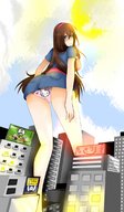 drawing gentle giantess panties city upskirt color green_eyes brunette dress looking_at_viewer hello_kitty akane_ichii_kitsune