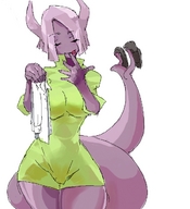breasts drawing vore horns tail color clothed mini_giantess shirt purple_skin remi
