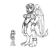 drawing wings size_difference monochrome mini_giantess sphinx ebido