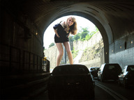 gentle giantess collage blonde bending_over e10 vehicles tunnel looking_at_viewer entrance