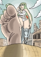 giantess color barefoot buildings goddess green_hair town unaware stroll sky nail_polish point_of_view imminent_crush crimson-cap palutena kid_icarus