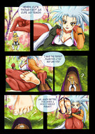 drawing white_hair comic color long_hair small_men handheld barefoot soles yellow_eyes story gloves sitting foot_crush hand fanart cruel ryoko tenchi_muyo commission cramous looking_at_tiny kiyukidoman