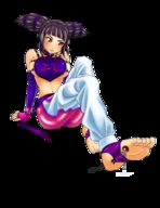drawing gentle feet small_man blushing black_hair color large_breasts barefoot smiling trapped commission bane juri_han tied_to_foot migs308