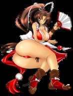 drawing gentle feet blushing color large_breasts long_hair butt small_men brunette smiling socks red_hair ponytail mai_shiranui legs leg_crush looking_at_viewer commission bane migs308
