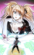 drawing giantess blonde color long_hair cleavage bra shrunken shrunken_men shrunken_man ponytails crazy_eyes mobile_phone pony_tails long_fingernails looking_at_tiny junko_enoshima dangan_ronpa monokuma monobear hajime_hinata