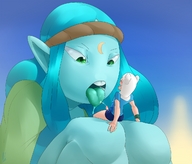 drawing giantess color tongue cum penis sex green_eyes blue_hair dress mini_giantess blue_skin blowjob green_dress adventure_time finn canyon pointed_ears finn_the_human lagalamel on_breasts cartoon_network