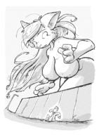 breasts drawing nipples giantess nude furry monochrome long_hair cat_ears ducky streets cat_girl wind wall worried