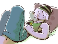 drawing gentle furry anthro sleeping color jeans ducky pillow lying_down shrunken_man hat top