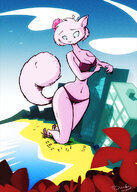 drawing giantess furry anthro color swimsuit beach ocean buildings ducky people resort pink_fur two_piece