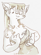 drawing small_man furry anthro monochrome ducky dress surprised looking_down between_breasts