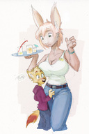 breasts drawing furry tail anthro color large_breasts clothed bunny cleavage green_eyes jeans embarrassed ducky short_hair mini_giantess surprised walking bunny_girl waitress top belt drinks no_background fox_boy bumping_into