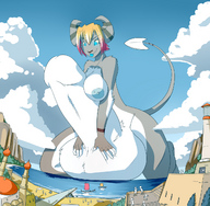 breasts drawing nipples giantess furry horns tail mega blonde color tongue futanari penis blue_eyes ocean huge_breasts ducky asian red_hair kneeling demoness looking_down testicles dyed_hair crowds looking_at_victims ancient ancient_building large_penis blep