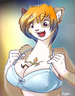 drawing gentle small_man furry anthro color large_breasts bra purple_eyes smiling ducky open_mouth standing earrings looking_at_tiny multicolored_hair bare_midriff between_breasts pulling_clothing