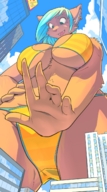 drawing giantess furry city color swimsuit buildings green_eyes blue_hair ducky reaching looking_down clouds sky point_of_view earrings