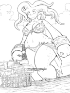 drawing giantess furry monochrome large_breasts long_hair swimsuit ocean angry underwear ducky looking_down tentacles bikini_top bikini_bottom oil_platform squid wide_hips squid_girl