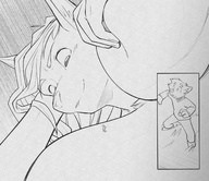 breasts drawing giantess furry anthro mega monochrome large_breasts long_hair cleavage fox fox_ears ducky lying_down shrunken_man looking_down fox_girl squeezing imminent_crush looking_at_tiny snout on_breasts cutaway between_breasts impending_breast_crush lifting_breast