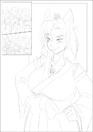 drawing growth giantess comic monochrome large_breasts long_hair tongue cleavage cat_ears ducky kimono potion sketch hands_on_hips ydnkm between_breasts