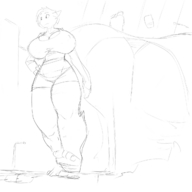 drawing giantess feet furry car city monochrome cleavage huge_breasts ducky hand sketch streets cat_girl