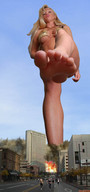 city blonde destruction barefoot cleavage low_angle fire sole running looking_down shadester looking_at_viewer raised_foot imminent_crush