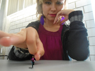 collage blonde hand running shrunken_woman earrings looking_at_victim hanna finger_flick peque