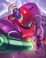 drawing blonde color long_hair handheld samus_aran ponytail zero_suit nintendo reaching metroid outdoors imminent_death zero_suit_samus power_suit ridley hybridmink gravity_suit arm_cannon
