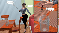 high_heels shrunken_men walking shrunken_man captions indoors dropped hanging_on long_sleeves tight_pants