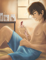 drawing gentle color giant male blue_eyes handheld brunette smiling short_hair sitting hand shorts shrunken_woman painting cock_bulge looking_at_tiny angelgts