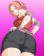 drawing crush color butt naruto sakura butt_crush anime green_eyes smiling pink_hair fanart looking_at_viewer headband stuck_to_butt fantasyuniverses naruto_(series)