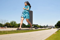 giantess black_hair barefoot wonderslug dress running highway vehicle_crush mindy_kaling
