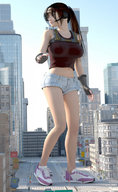 giantess city long_hair shoes brunette gloves ponytail legs shorts sneakers darkangle989 tiny_mk runner digital_render