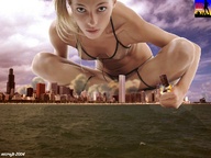 collage city mega blonde swimsuit destruction skyline skyscraper holding microjb