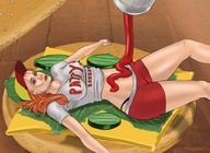 drawing color red_hair lying_down shorts shrunken_woman willing hamburger laptop123 ketchup