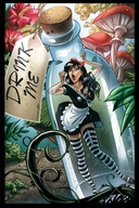 drawing black_hair color cleavage skirt brunette socks dress bottle shrunken_woman entrapment wonderland alice_in_wonderland hair_bow inside_bottle vincenzo_cucca ylenia_di_napoli mushrooms