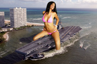 breasts giantess collage city swimsuit ocean wet brunette meg tan navy aircraft_carrier hands_on_hips