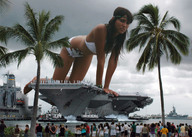giantess collage city swimsuit water ocean wet brunette boats palm_trees navy aircraft_carrier crowds