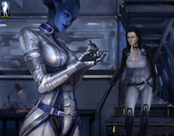 drawing alien comic black_hair armor handheld cleavage shrunken_men blue_skin shrunken_man stairs catsuit giantessfan sample_image shepard miranda looking_at_tiny mass_effect liara liara_tsoni asari miranda_lawson model_ships