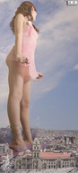giantess collage city high_heels red_hair lingerie pink_dress