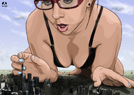 drawing giantess size_difference city mega cleavage glasses multiple_sizes piercings giantesses pandoza