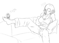 drawing giantess monochrome barefoot slave shrunken_men sitting shrunken_man pillows sofa footslave idol-monkey