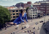 giantess collage city brunette dress people streets vehicles