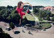 giantess collage water brunette dress streets garden curly_hair