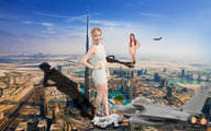 giantess collage city blonde long_hair destruction high_heels red_hair dress burj_khalifa jets giantesses outdoors shadows