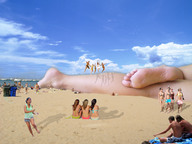 giantess collage beach barefoot water soles lying_down legs teasing sand people boats clouds sky eci999