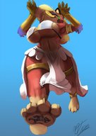 drawing giantess crush furry anthro blonde color large_breasts long_hair bra low_angle paws underboob foot_crush gryphon dancing thighs ankle_bracelet t-bone no_background paw_crush bare_legs emma_(t-bone)