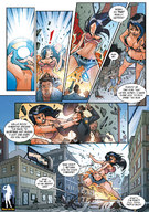 breasts drawing growth giantess mega comic black_hair color long_hair destruction rampage cleavage bra gun angry outgrowing_building shorts explosion top giantessfan dialogue violence streaks