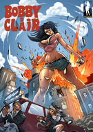 breasts drawing giantess city mega blonde black_hair color large_breasts long_hair destruction handheld rampage gun angry belly shorts explosion looking_down giantessfan bare_midriff